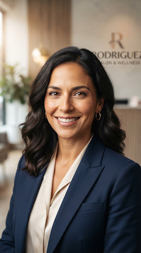 Close-up headshot of Sofia Rodriguez, professional Hispanic female salon and wellness chain owner in Passaic New Jersey, smiling warmly, studio lighting.
