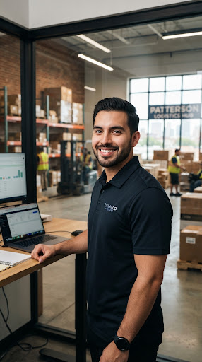 Close-up portrait of Carlos Mendoza, ambitious young Hispanic logistics founder in Paterson NJ wearing modern work polo, confident smile in modern warehouse office.
