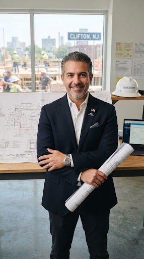 Portrait of Miguel Angel Duran, established Hispanic general contractor in Clifton NJ in clean construction executive apparel with blueprint on background.